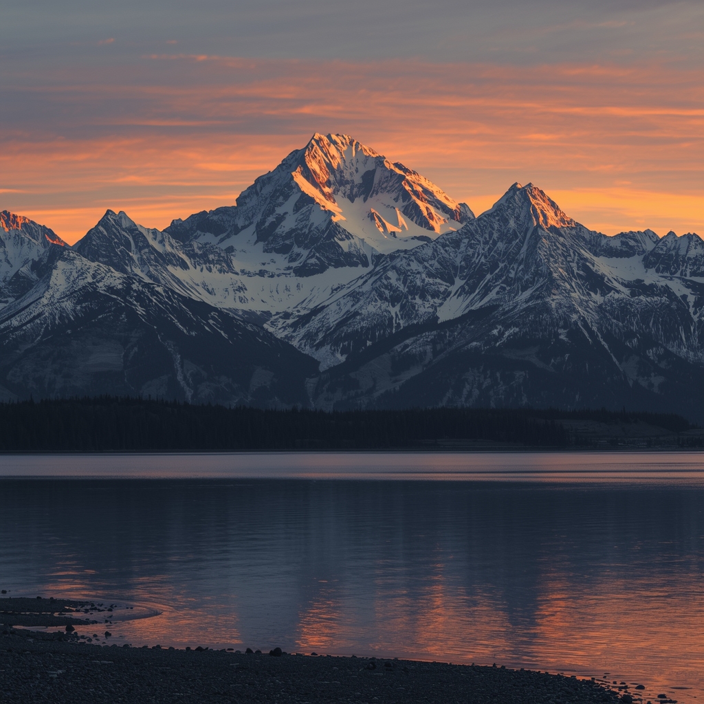 A majestic mountain range covered in snow during a golden sunset with a calm lake reflecting the peaks, cinematic lighting